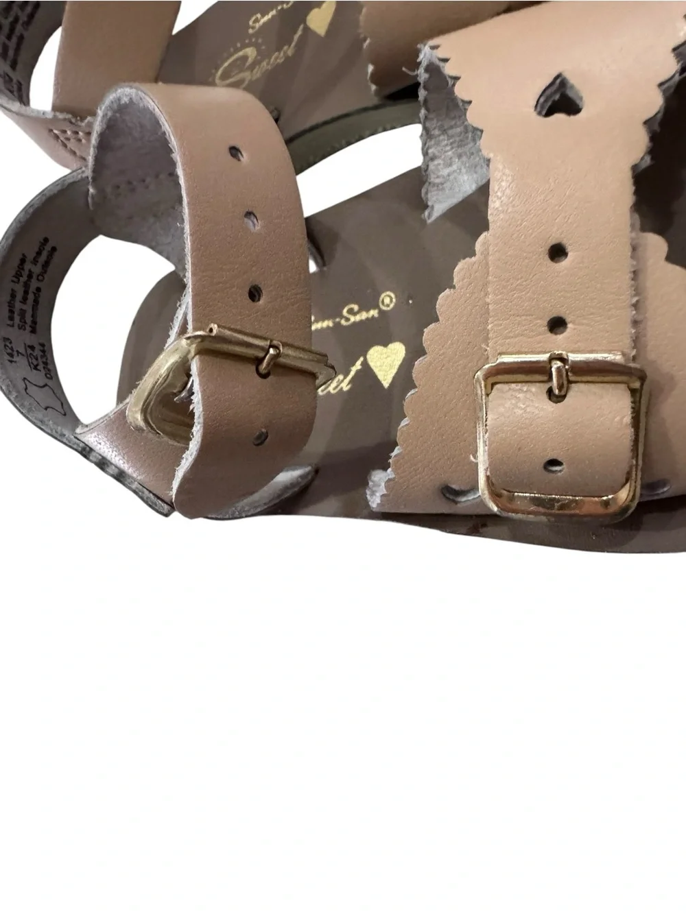 Girls Tan Buckle Sandals with Scalloped Trim